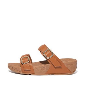 Light Brown Women's FitFlop Lulu Adjustable Leather Slides | 490WIPNEA