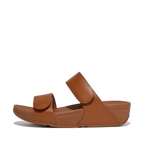 Light Brown Women's FitFlop Lulu Adjustable Leather Slides | 502QPYXKC