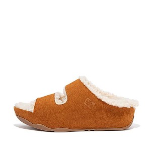 Light Brown Women's FitFlop Shuv Two Bar Shearling Suede Slides | 087SZYCKU