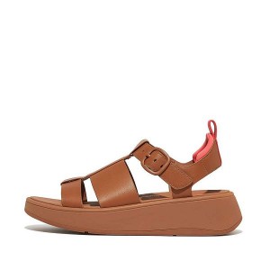 Light Brown / Coral Women's FitFlop F-Mode Leather Flatform Fisherman Sandals | 493VPTASO