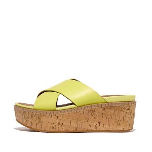 Light Green Women's FitFlop Eloise Leather Cork Wedge Cross Slides | 260KVUZSE