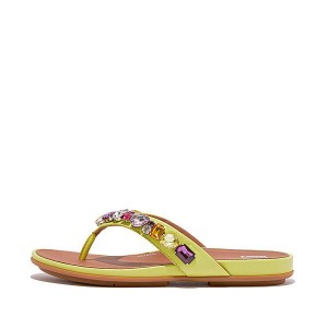 Light Green Women's FitFlop Gracie Jewel Deluxe Leather Flip Flops | 732IBQXAD