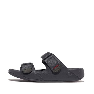 Navy Men's FitFlop Gogh-Moc Adjustable Leather Slides | 731SXLDVB