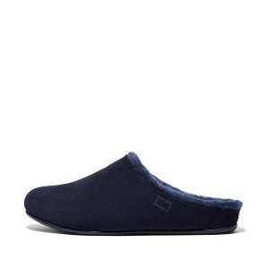 Navy Men's FitFlop Shove Shearling Lined Suede Slippers | 164TESHWX