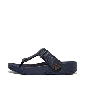 Navy Men's FitFlop Trakk Ii Leather Toe-Post Sandals | 862ZSDIFK