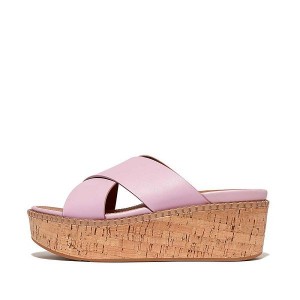 Purple Women's FitFlop Eloise Leather Cork Wedge Cross Slides | 923BTFGNA