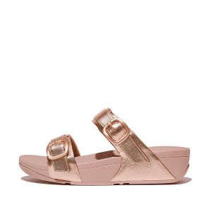 Rose Gold Women's FitFlop Lulu Adjustable Buckle Metallic Leather Slides | 684BKFUVW