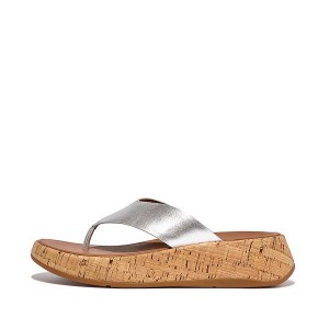 Silver Women's FitFlop F-Mode Metallic Leather Cork Flatform Toe-Post Sandals | 068HGNRMC