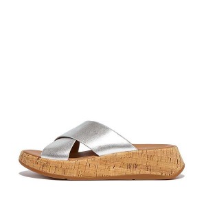 Silver Women's FitFlop F-Mode Metallic Leather Cork Flatform Cross Slides | 251GITYVH