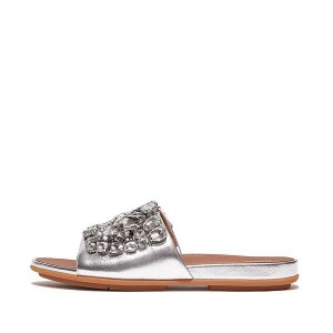 Silver Women's FitFlop Gracie Jewel Deluxe Metallic Leather Slides | 829CAFLHR