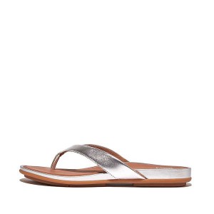 Silver Women's FitFlop Gracie Metallic Leather Flip Flops | 354PWYAVR