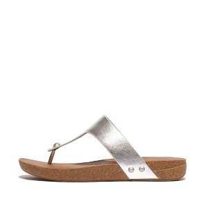 Silver Women's FitFlop Iqushion Metallic Leather Toe-Post Sandals | 703YONSBF