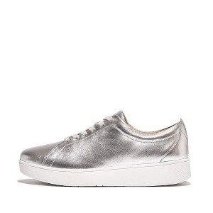 Silver Women's FitFlop Rally Leather Sneakers | 103AHUWRQ