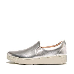 Silver Women's FitFlop Rally Metallic Leather Slip On Skate Sneakers | 935PLGZUI