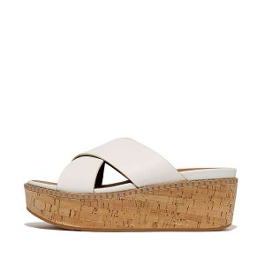 White Women's FitFlop Eloise Leather Cork Wedge Cross Slides | 497TOPAMD