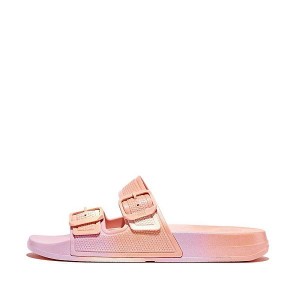 White Women's FitFlop Iqushion Iridescent Two Bar Buckle Sliders Slides | 549YSUTCG