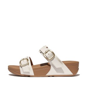 White Women's FitFlop Lulu Adjustable Buckle Leather Slides | 029QZCEWS