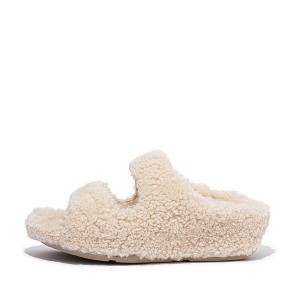 White Women's FitFlop Shuv Two Bar Shearling Slides | 253LGVBPA