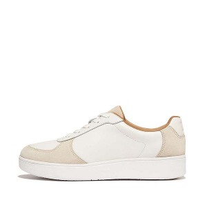 White / Beige Women's FitFlop Rally Leather Suede Panel Sneakers | 135SVHNFB