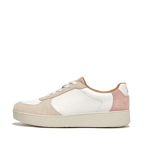 White / Pink / Blue Women's FitFlop Rally Leather Suede Panel Sneakers | 854WYKEPU