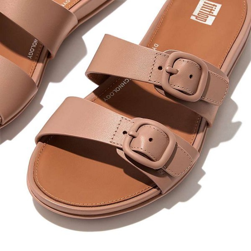 Beige Women's FitFlop Gracie Buckle Two Bar Leather Slides | 613VOTHYA