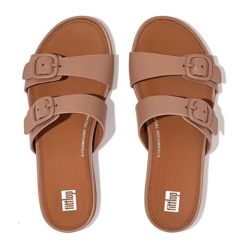 Beige Women's FitFlop Gracie Buckle Two Bar Leather Slides | 613VOTHYA