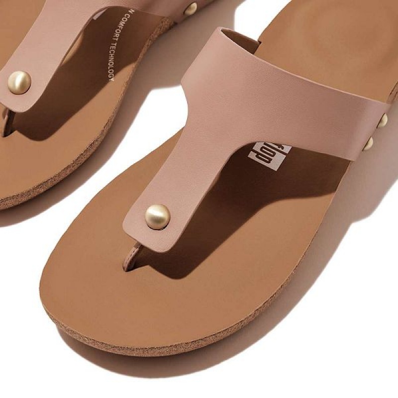 Beige Women's FitFlop Iqushion Leather Toe-Post Sandals | 031WMZCHL