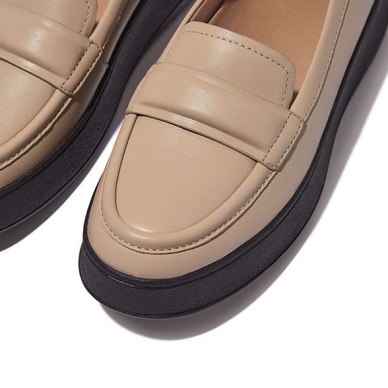 Beige / Black Women's FitFlop F-Mode Padded Detail Leather Flatform Loafers Loafers | 650EFUGSM