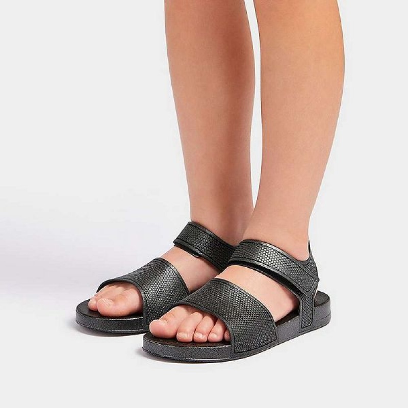 Black Kids' FitFlop Iqushion Junior Shimmer Ergonomic Back-Strap Sandals | 582YDRGTA