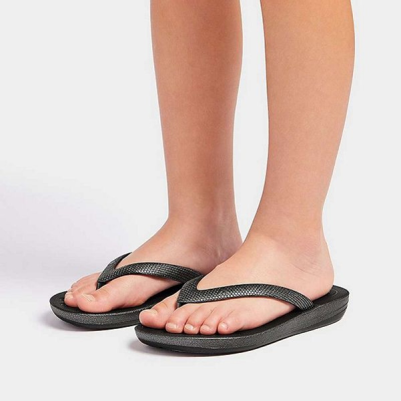 Black Kids' FitFlop Iqushion Junior Shimmer Ergonomic Flip Flops | 305EVDYTO