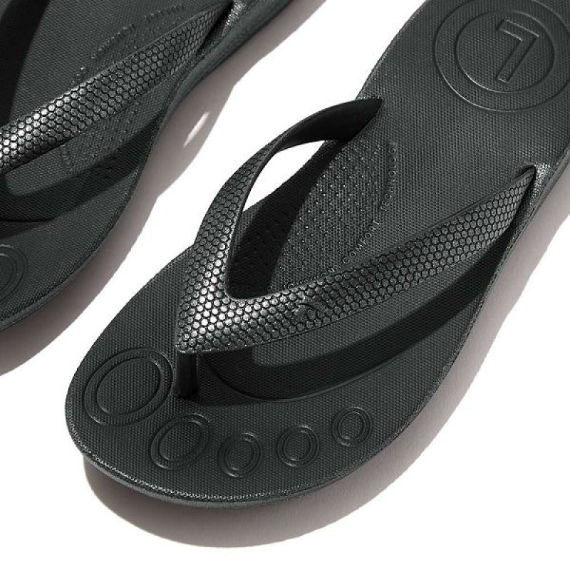 Black Kids' FitFlop Iqushion Junior Shimmer Ergonomic Flip Flops | 305EVDYTO