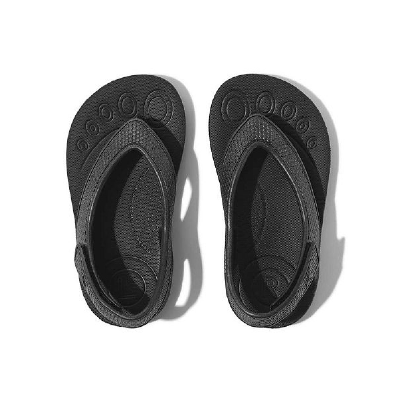 Black Kids' FitFlop Iqushion Toddler Shimmer Ergonomic Back-Strap Flip Flops | 752RSHCUD