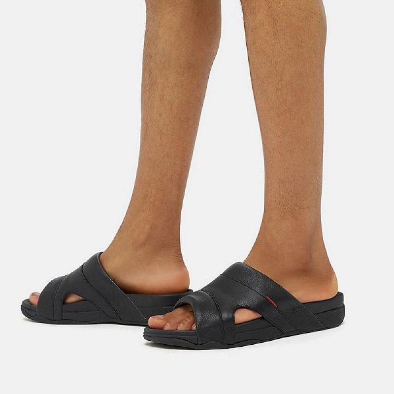 Black Men's FitFlop Freeway Leather Pool Slides | 156WLAUGM