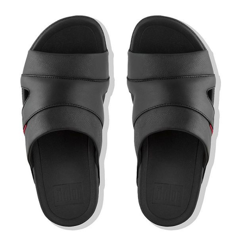 Black Men's FitFlop Freeway Leather Pool Slides | 156WLAUGM