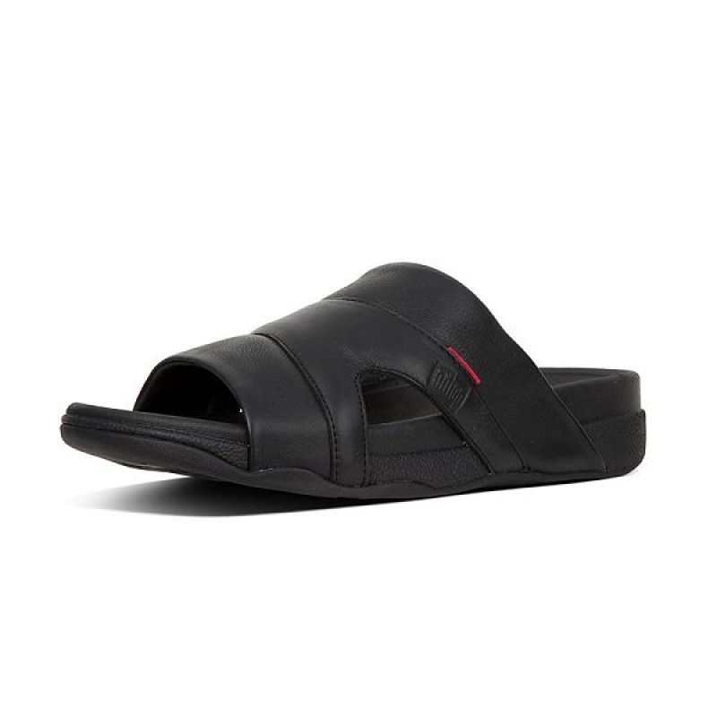 Black Men's FitFlop Freeway Leather Pool Slides | 156WLAUGM