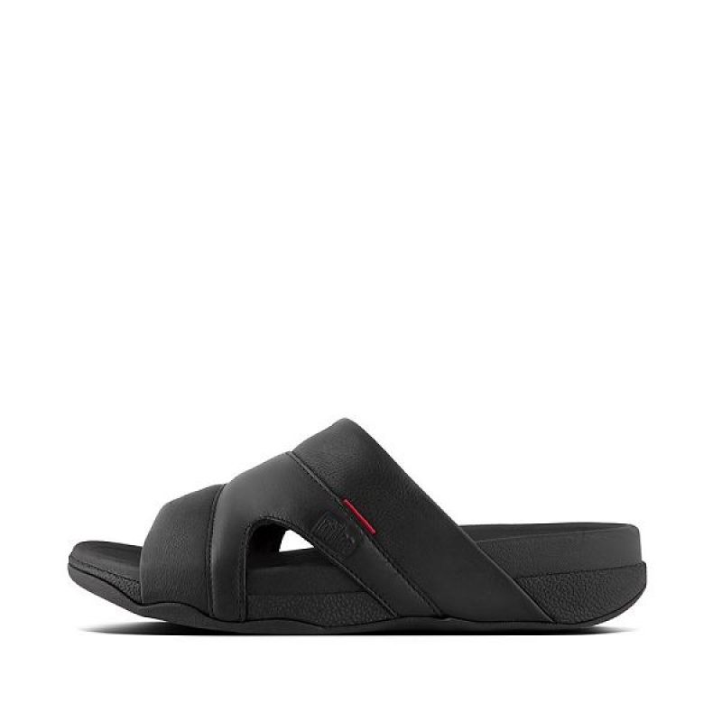 Black Men\'s FitFlop Freeway Leather Pool Slides | 156WLAUGM