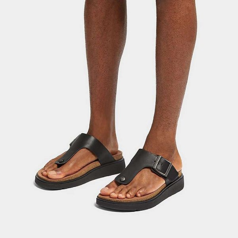 Black Men's FitFlop Gen-Ff Buckle Leather Toe-Post Sandals | 891BCWUKJ