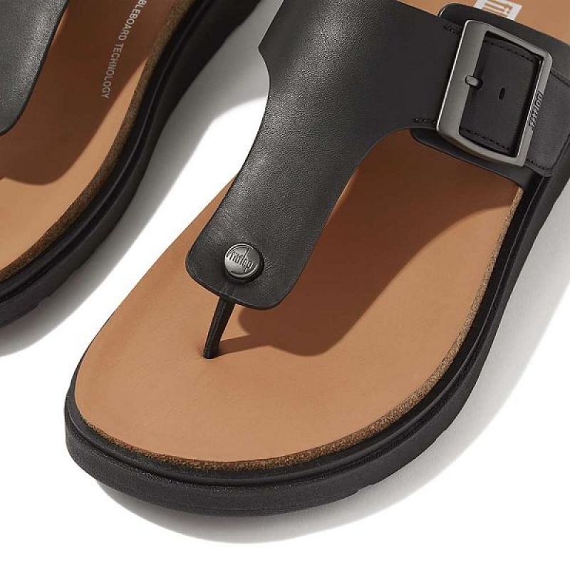 Black Men's FitFlop Gen-Ff Buckle Leather Toe-Post Sandals | 891BCWUKJ