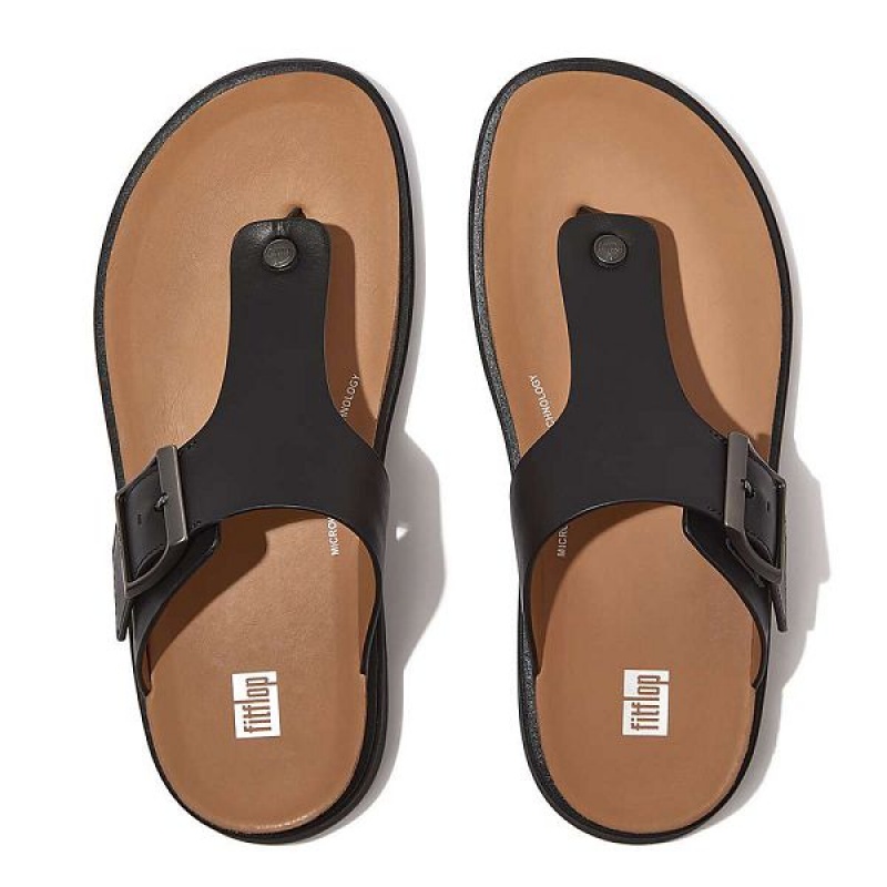 Black Men's FitFlop Gen-Ff Buckle Leather Toe-Post Sandals | 891BCWUKJ