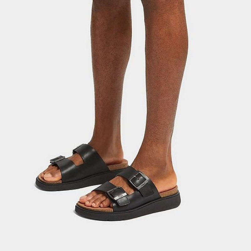 Black Men's FitFlop Gen-Ff Buckle Two Bar Leather Slides | 569ORZWYT