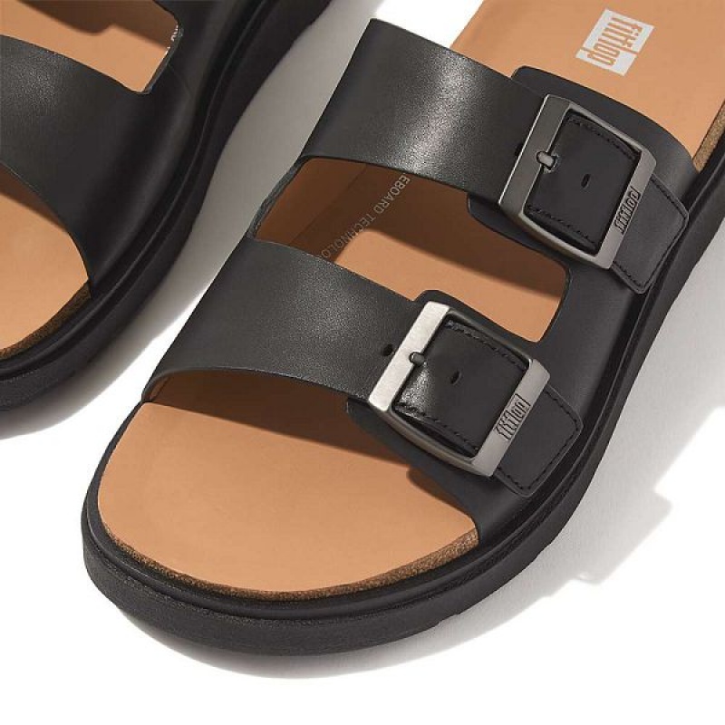 Black Men's FitFlop Gen-Ff Buckle Two Bar Leather Slides | 569ORZWYT