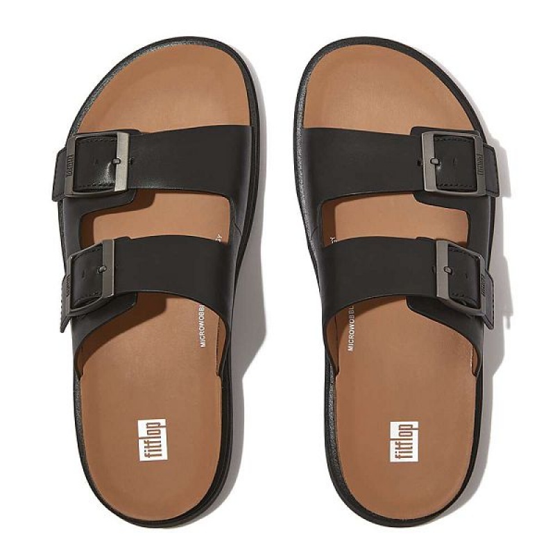 Black Men's FitFlop Gen-Ff Buckle Two Bar Leather Slides | 569ORZWYT