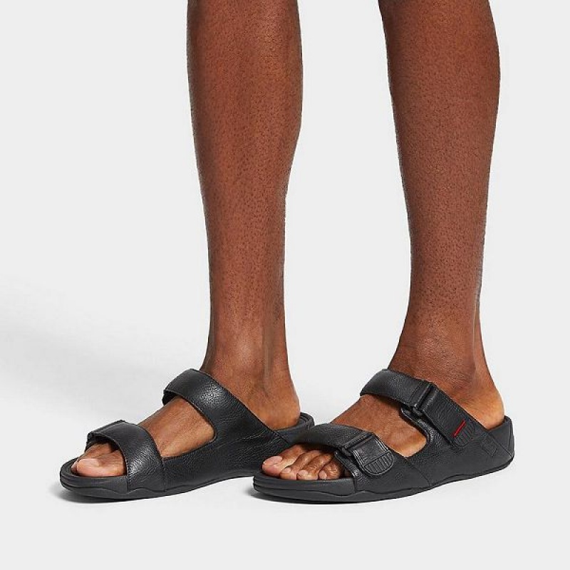 Black Men's FitFlop Gogh Leather Slides | 425NOXIBH