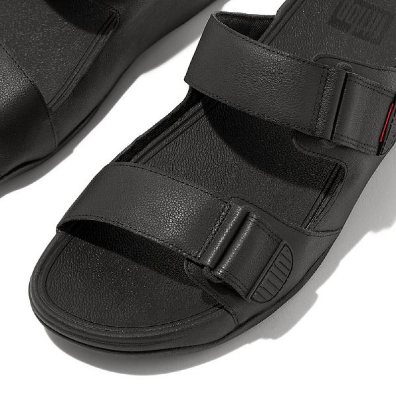 Black Men's FitFlop Gogh Leather Slides | 425NOXIBH