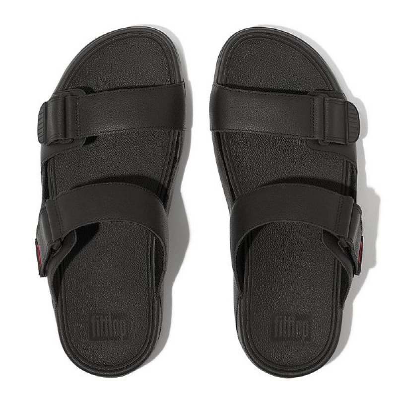 Black Men's FitFlop Gogh Leather Slides | 425NOXIBH