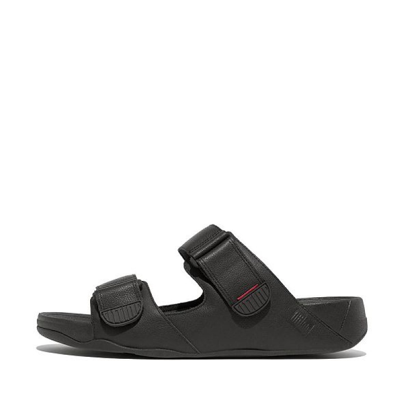 Black Men\'s FitFlop Gogh Leather Slides | 425NOXIBH