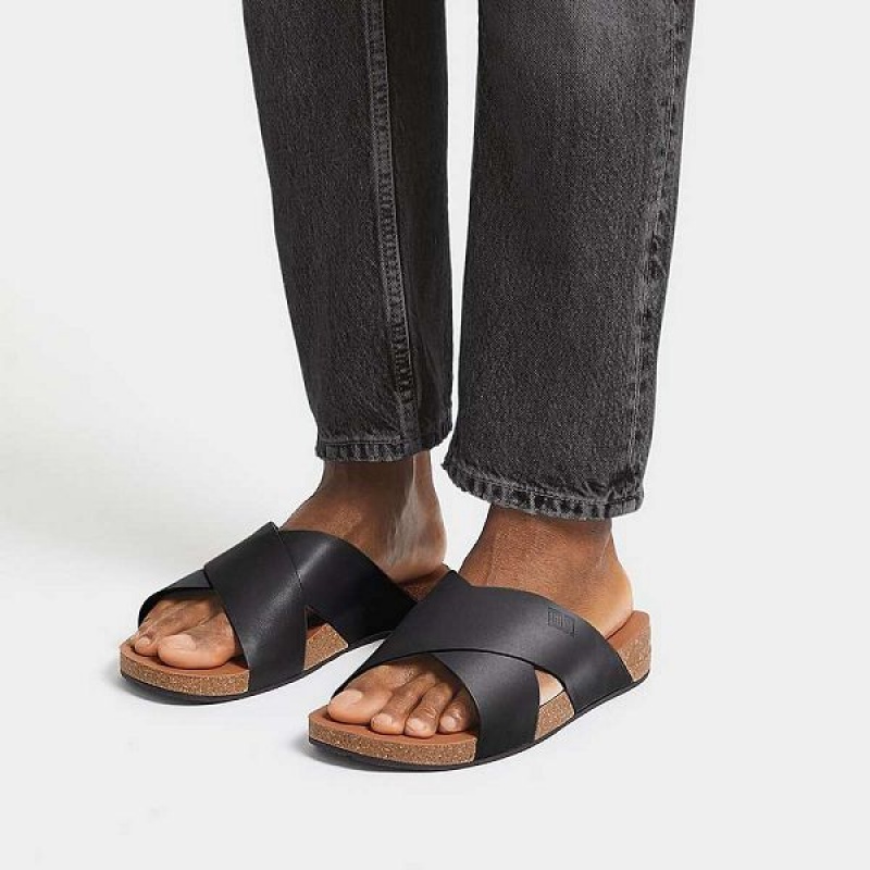 Black Men's FitFlop Iqushion Leather Cross Slides | 839KQWENZ