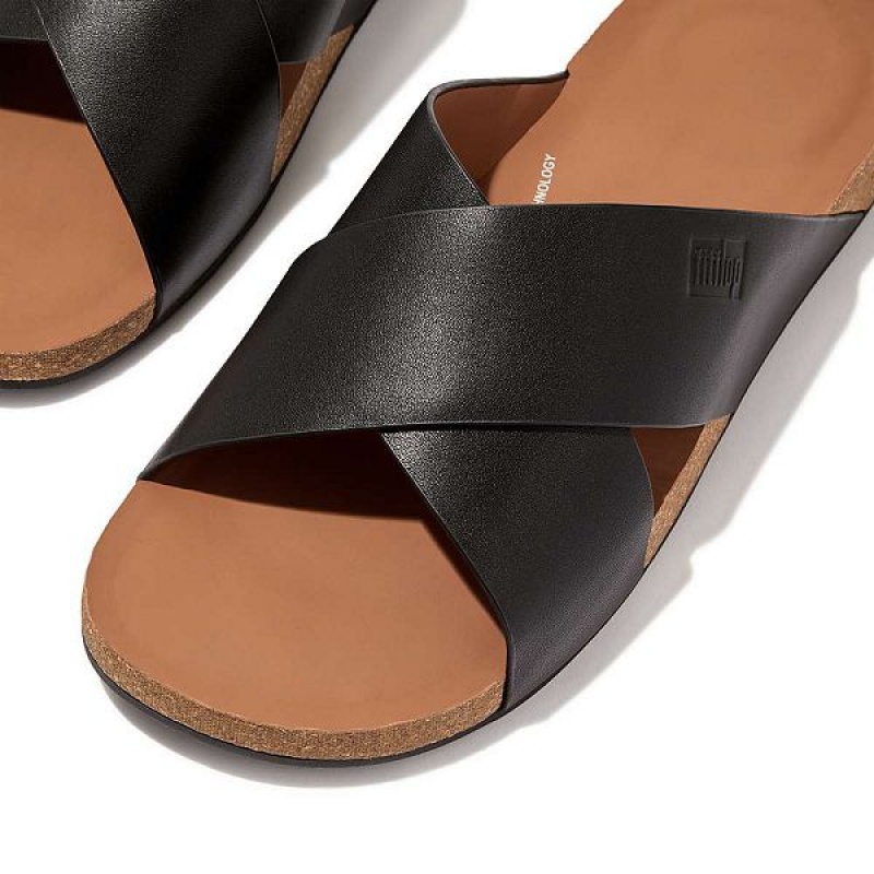 Black Men's FitFlop Iqushion Leather Cross Slides | 839KQWENZ