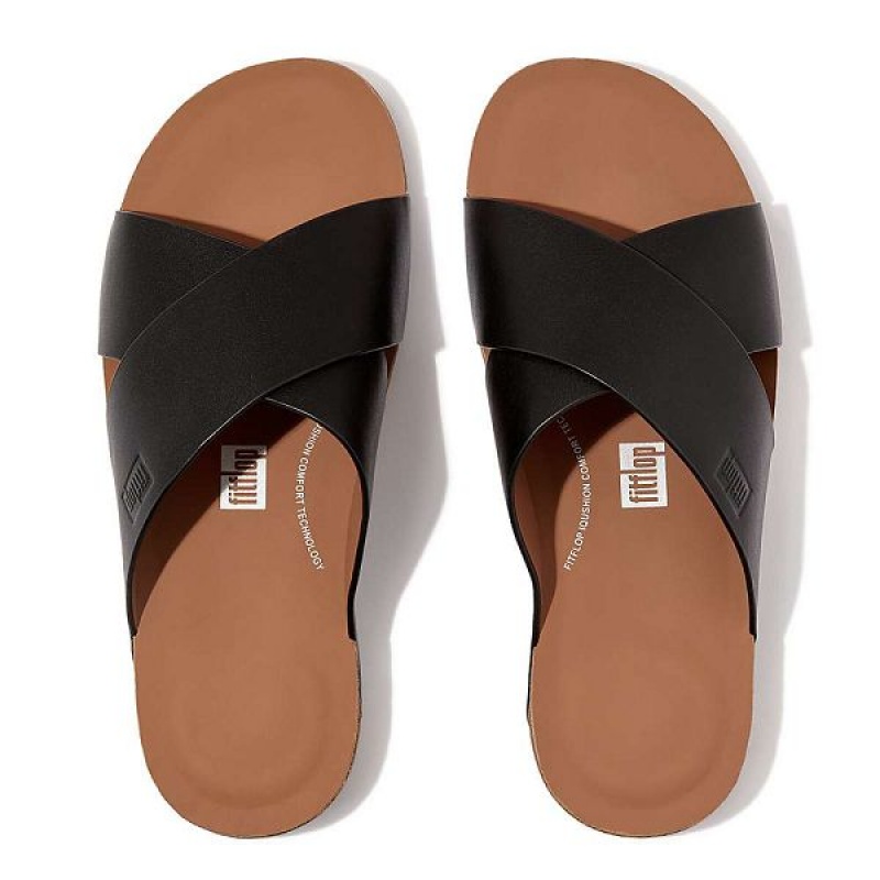 Black Men's FitFlop Iqushion Leather Cross Slides | 839KQWENZ