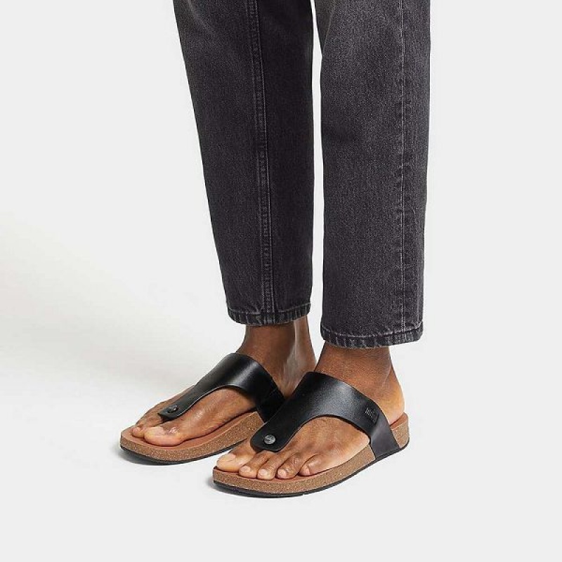 Black Men's FitFlop Iqushion Leather Toe-Post Sandals | 632LTBXAQ